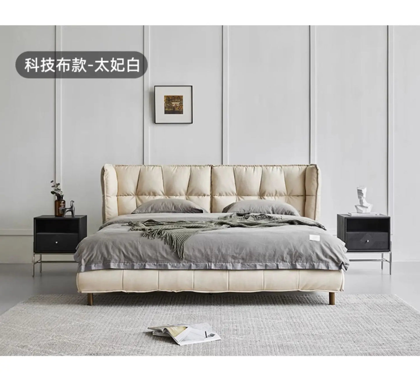 Luxury modern full leather bed, master bedroom, king bed, high-end grand double bed, simple pull point design, leather bed