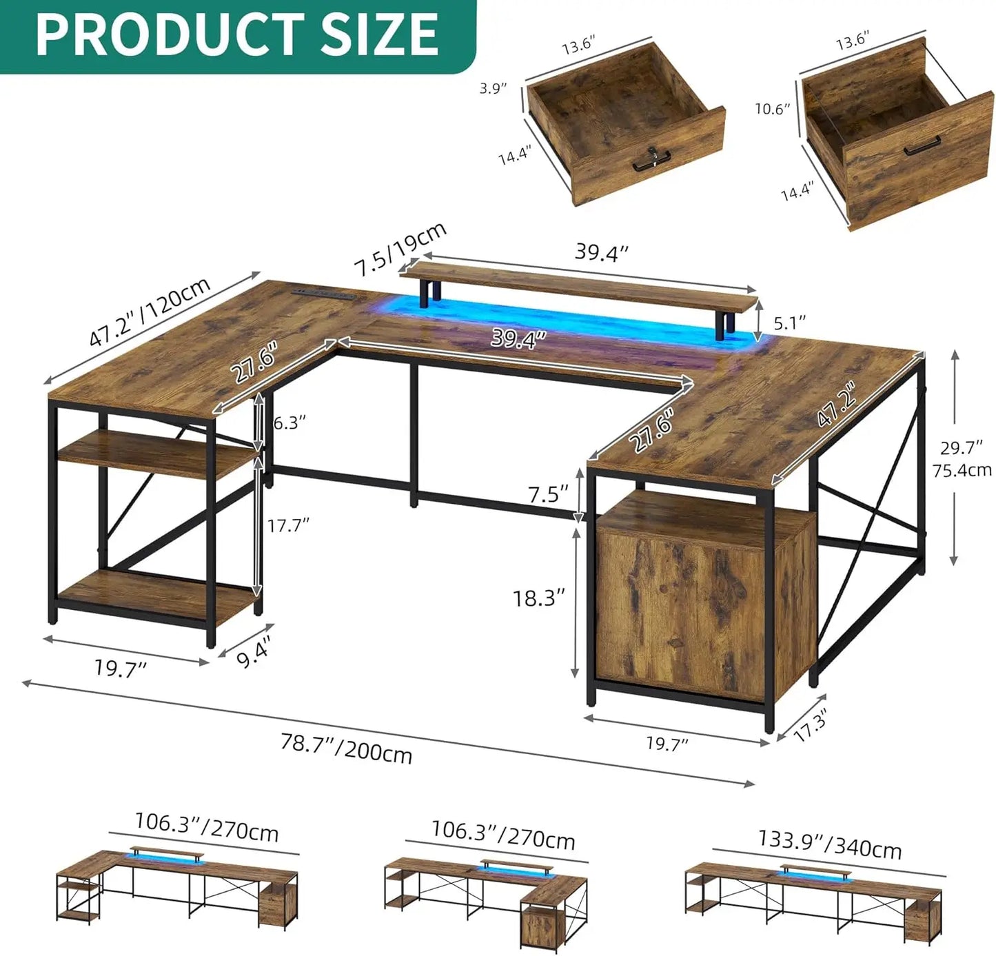 YITAHOME U Shaped Desk with Power Outlets & LED Lights, 79" Reversible L Shaped Desk with Drawers, Corner Computer Desk Office