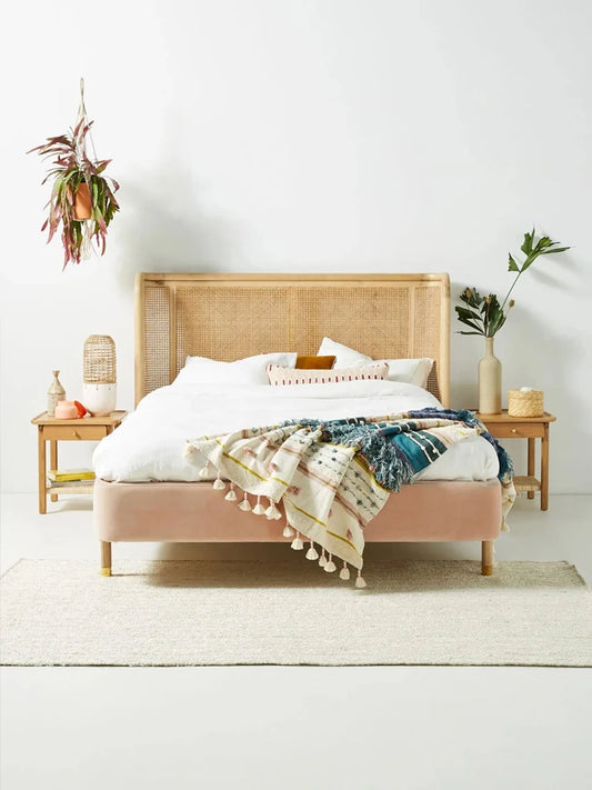 Nordic Vine Weaving White Wax Wood Bed, Solid Wood Bed, Japanese Double Bed, Master Bedroom, 1.8m Vine Art Bed