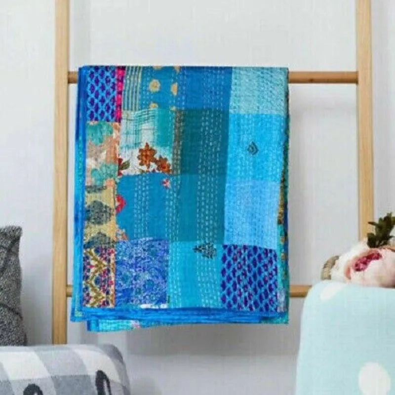 Blue Patchwork Quilt Handmade Kantha Vintage Throw Cotton Bedspread Blanket