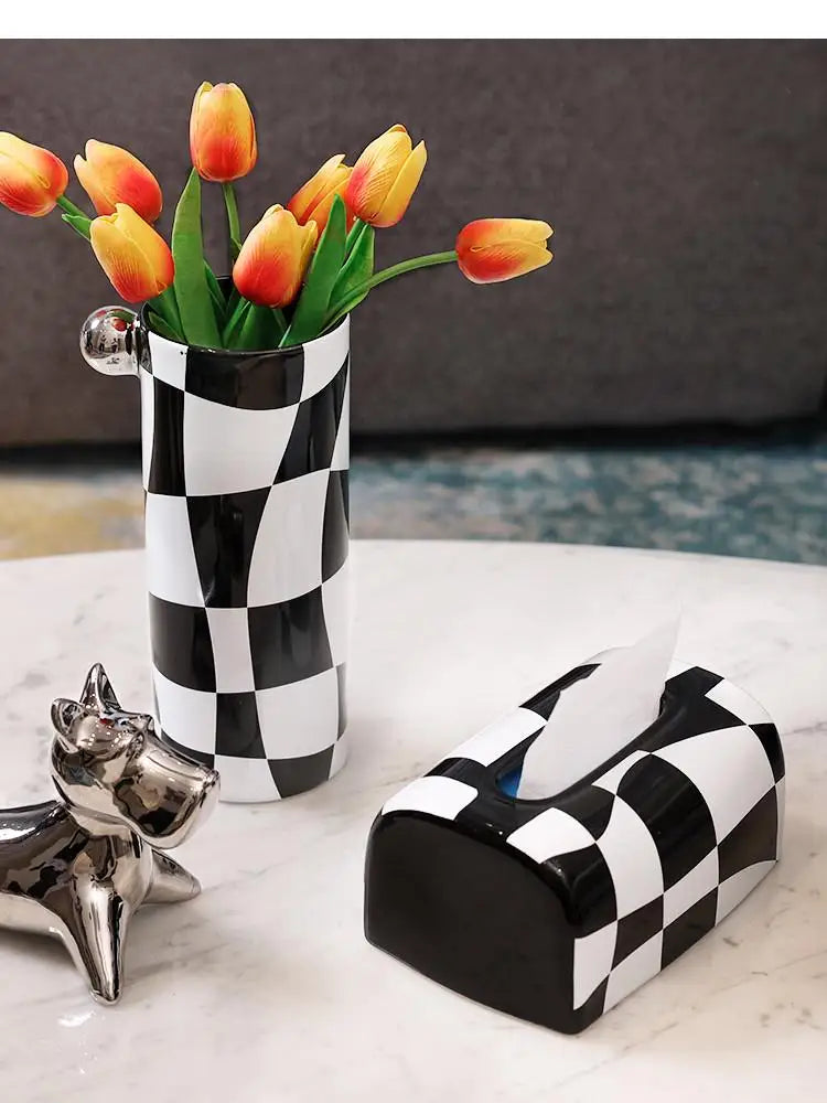 Light Luxury Black and White Geometry Checkered Ceramic Vase Tissue Box Paper Box Dining Table Decoration Nordic Decoration Home