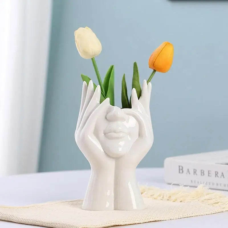 Unique Face Vase Ceramic Statue Flower Vase Modern Minimalism Nordic Style Face Pots Bust Head Shaped for Home Office Decoration