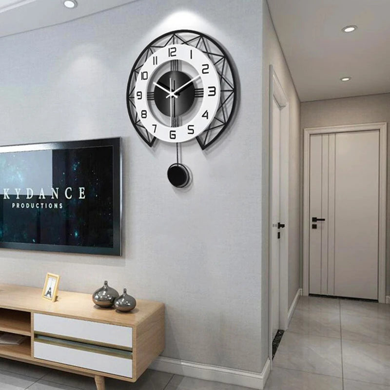 Modern Nordic 3D Wall Clocks With Pendulum Minimalist Black Metal Silent Wall Clock Living Room Restaurant Decoration Clock 50cm