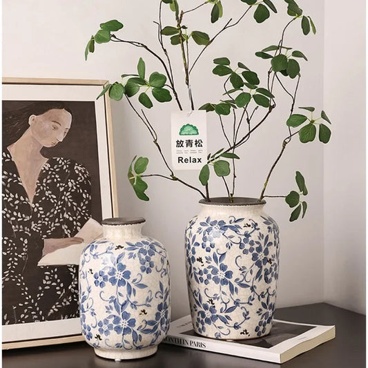 Light Luxury High-end Flower Vase Blue White Ceramic Home Decor Do Old Plant Vase Living Room Senior Sense Hydroponics Vase