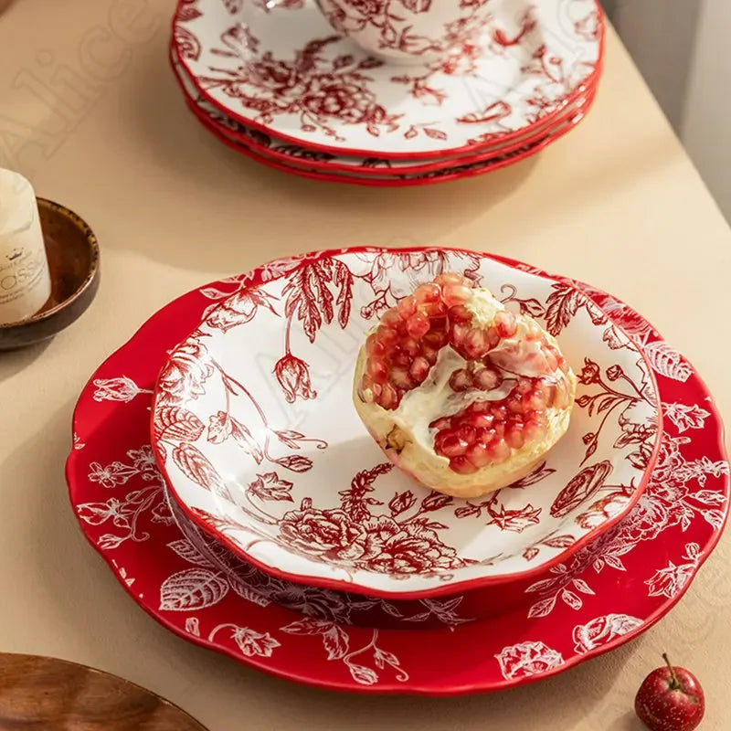 Nordic Vintage Rose Dishes and Plates Sets American Style Red Flowers Ceramic Plate Rice Bowl Soup Bowls Household Tableware