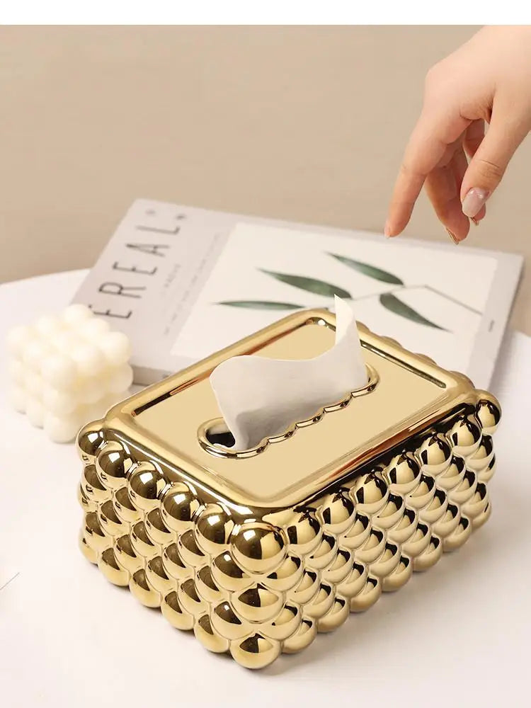 Light Luxury Gold Rectangle Relief Bubble Tissue Box Ceramic Crafts Living Room Decoration Box Napkin Holder Household Products