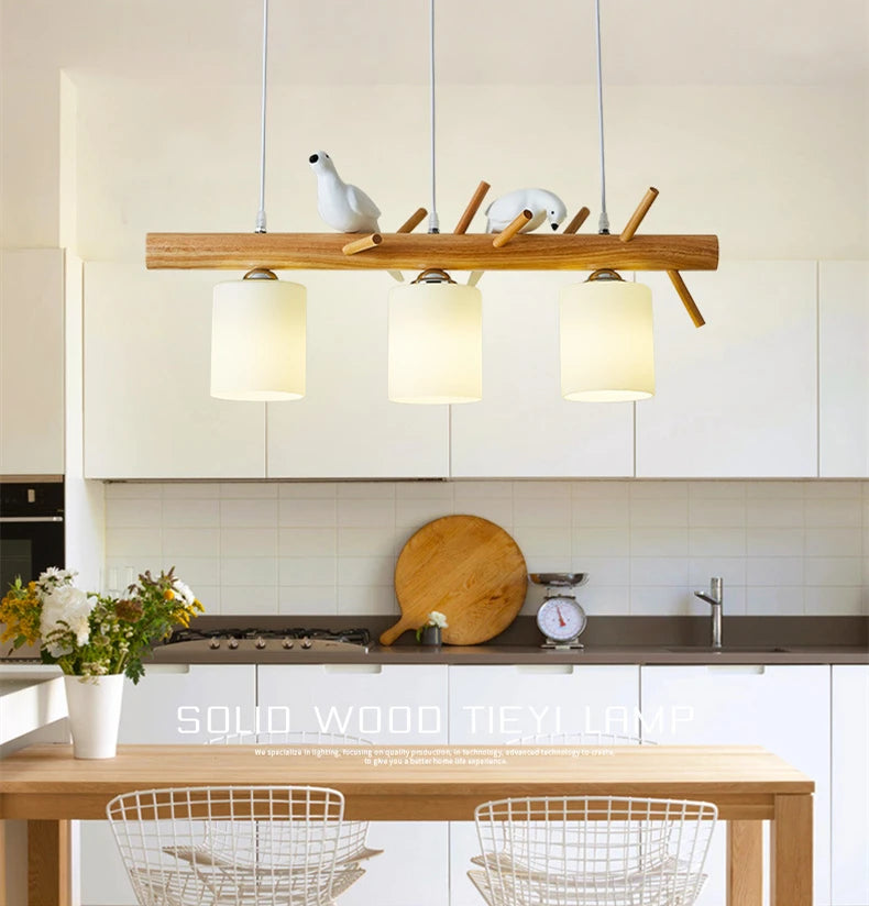 New Nordic Minimalist Solid Wood Chandelier Kitchen Dining Room Hanging Light Indoor Decorative Branche And Birds Led Chandelier