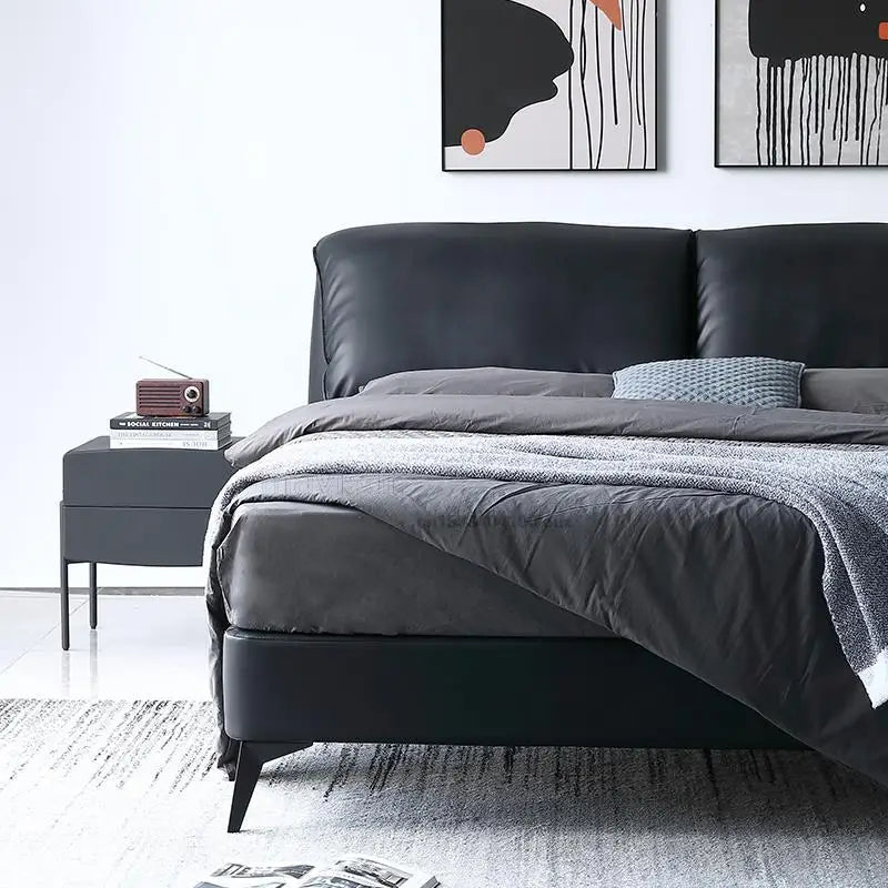 Nordic Leather Bed For Small Apartment 1.8 Meters Contemporary Minimalist Black Soft And Comfortable Double Master Wedding Bed