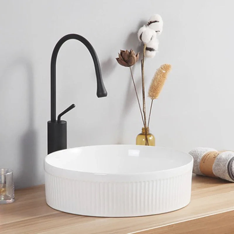 Bathroom Washbasin White Ceramic Basin Modern Minimalist Countertop Vessel Sink 36cm Mini Round Bowl Basin With Faucet Sets