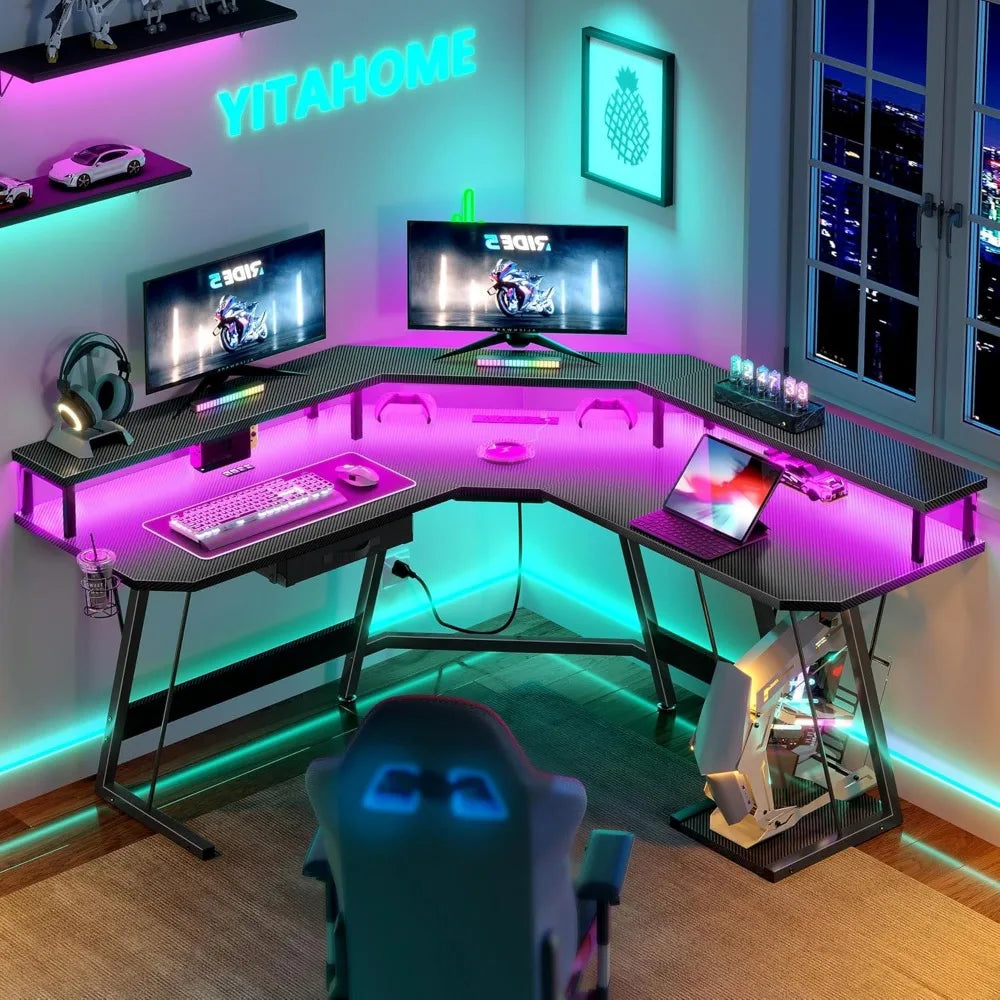 L Shaped Gaming Desk, LED Lights & Power Outlets, Computer Desk with Drawer & Monitor Stand & Carbon Fiber Surface, Corner Desk