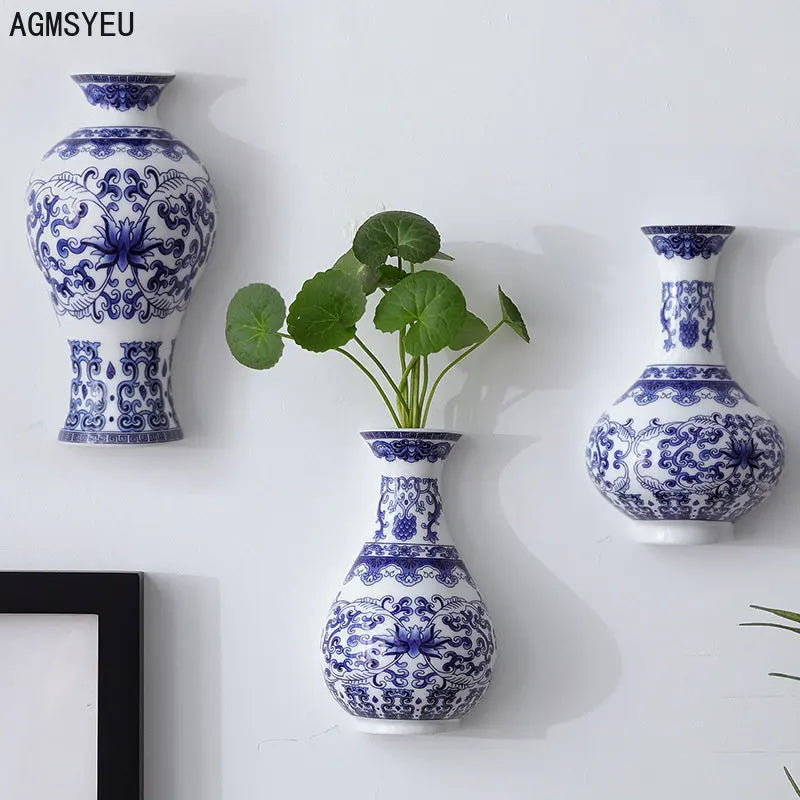 Ceramic vase antique blue and white porcelain flower arrangement vase living room home accessories wall hanging vases flower pot