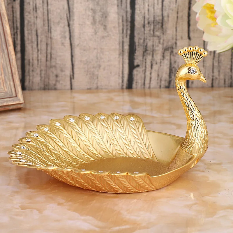 Pretty Gold Peacock Fruit Plate Luxury Zinc Alloy Tray Delicate Storage Plate for Candy Trinket Jewelry Snack Serving Home Decor