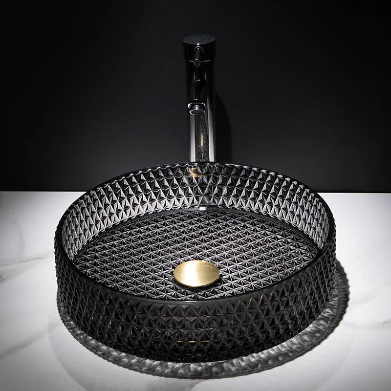 Black Round Diamond Glass Countertop Basin Crystal  Sink Bathroom  Luxury Clear   Washbasin Vanity Set