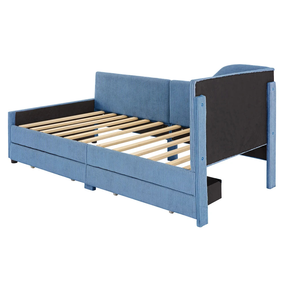 Twin Size Beds, L-Shaped Corduroy Daybed, Upholstered Bed Frame with 2 Storage Drawers, Beds for the Bedroom or Living Room