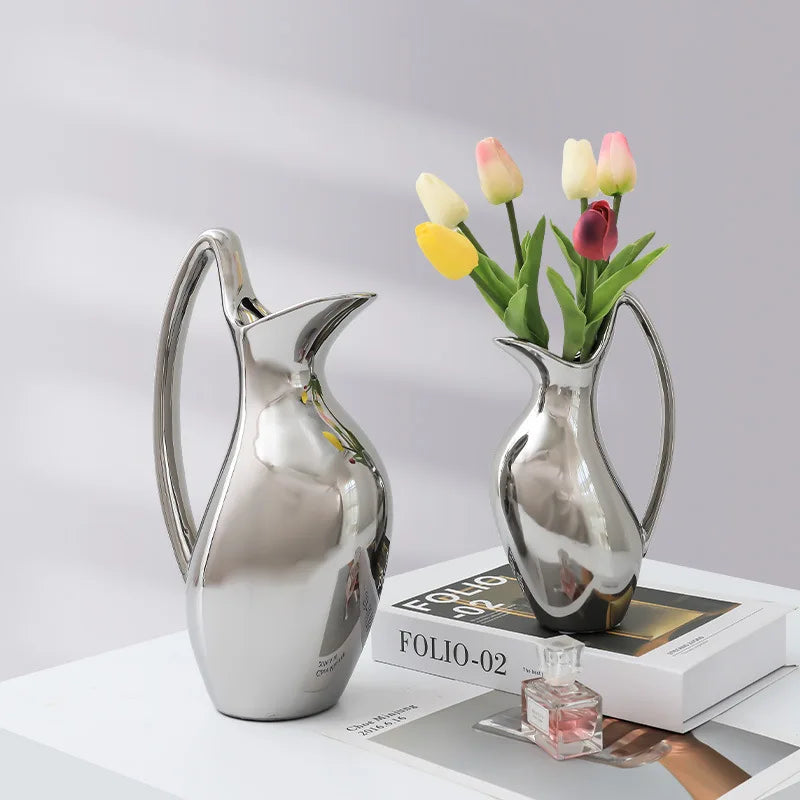 Nordic Silver Ceramic Vase Dried Flower Ornaments Creative Electroplated Vase Kettle Shape Vases Living Room Decoration Gift