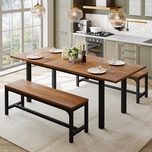 Feonase 63" Dining Table Set for 4-6, Extendable Dining Room Table with 2 Benches, 3 Pcs Kitchen Table for Small Space