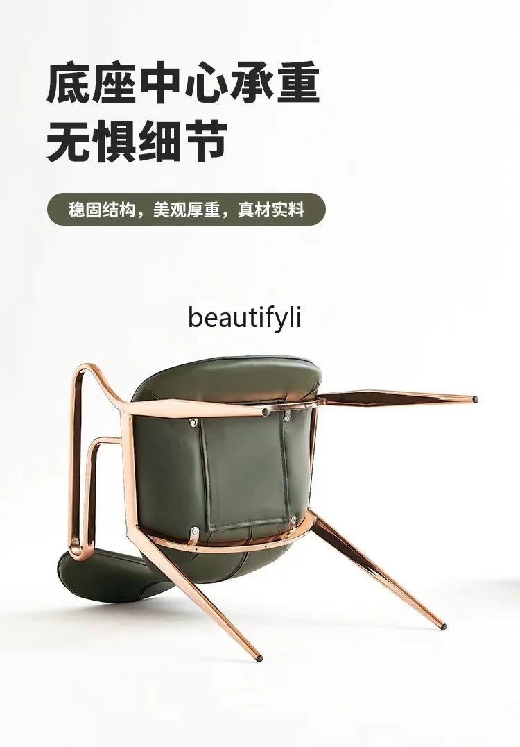 Light Luxury Italian Dining Chair Saddle Leather Home Dining Chair Stainless Steel Armrest Armchair Designer Model Room