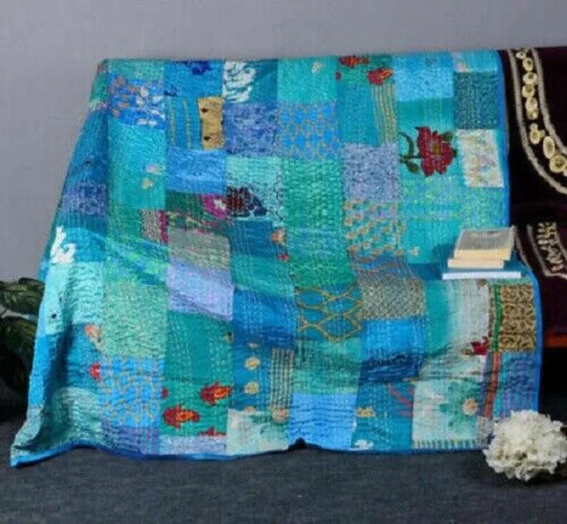 Blue Patchwork Quilt Handmade Kantha Vintage Throw Cotton Bedspread Blanket