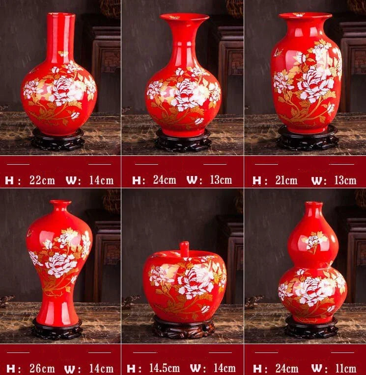 Luxury Chinese Antique Porcelain Cloisonne Vase Ornaments Home Decoration Crafts Ancient Palace Red Ceramic Vase Figurines Decor