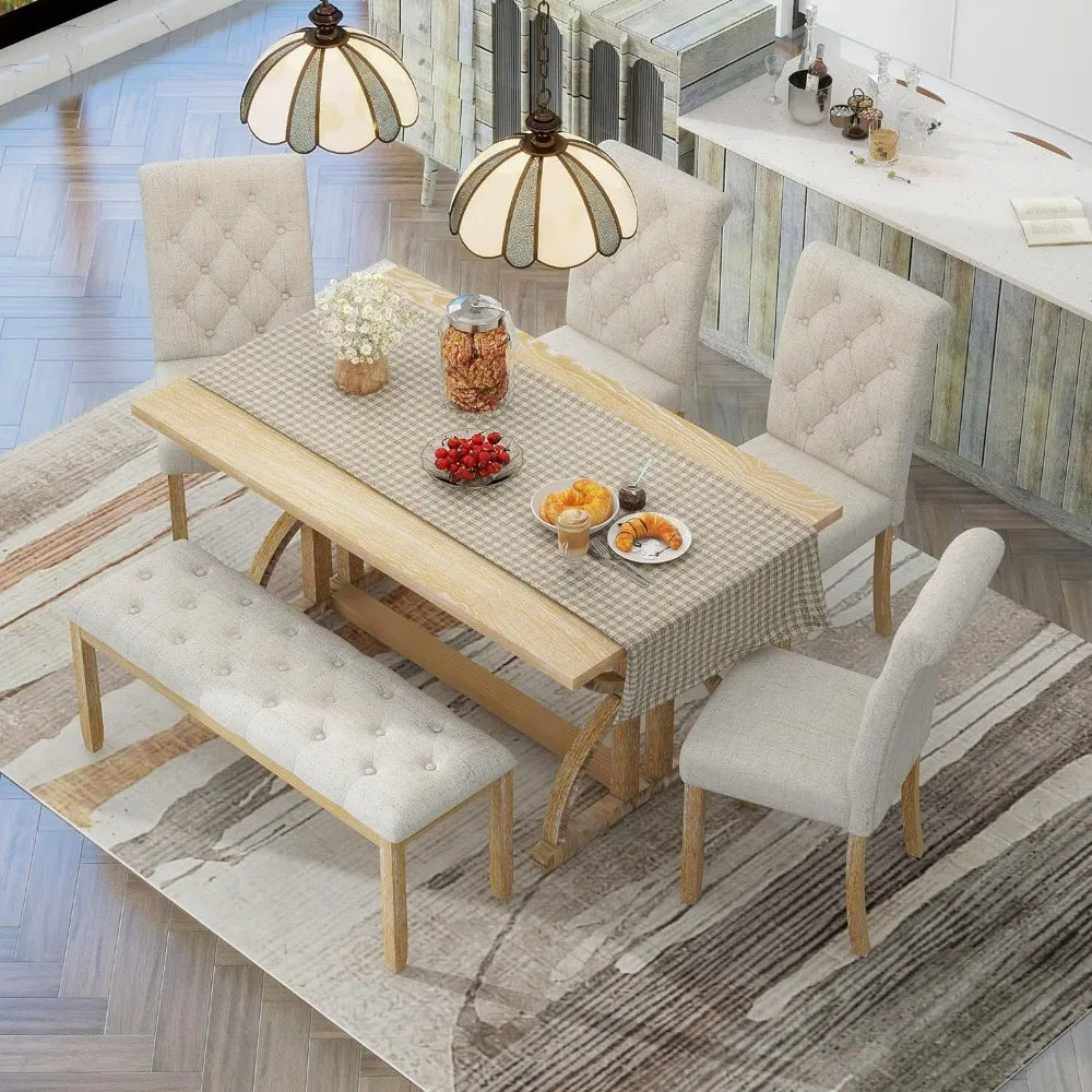 6 Pieces Wood Dining Table Set with Bench, Retro Rectangular Table with Unique Legs and 4 Upholstered Chairs for Dining Room