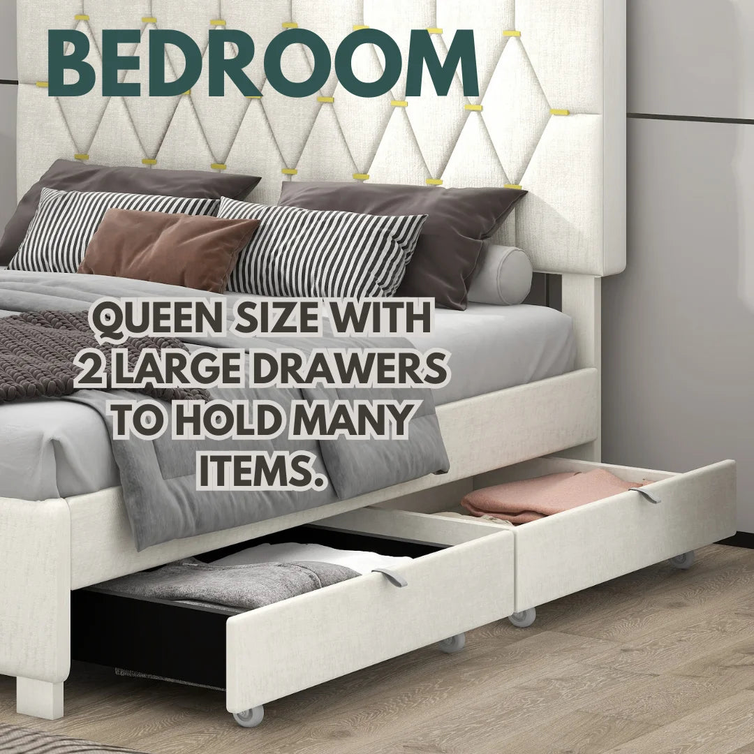 Beige Queen Size Trundle Upholstered Bed with Pull Out Drawers, Modern Design  85x64.50x46 in.