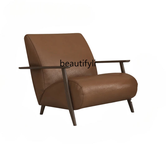 Single Sofa Chair Solid Wood Retro Living Room Designer Model Genuine Leather Small Apartment Balcony Leisure Sofa furniture