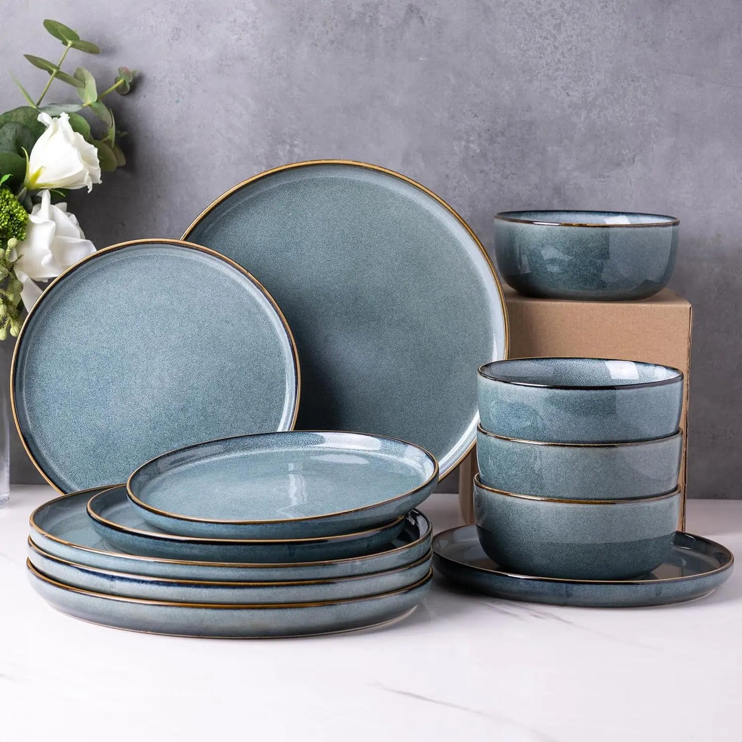 Stoneware Plates and Bowls Sets, Chip and Scratch Resistant Dishes, Dishwasher