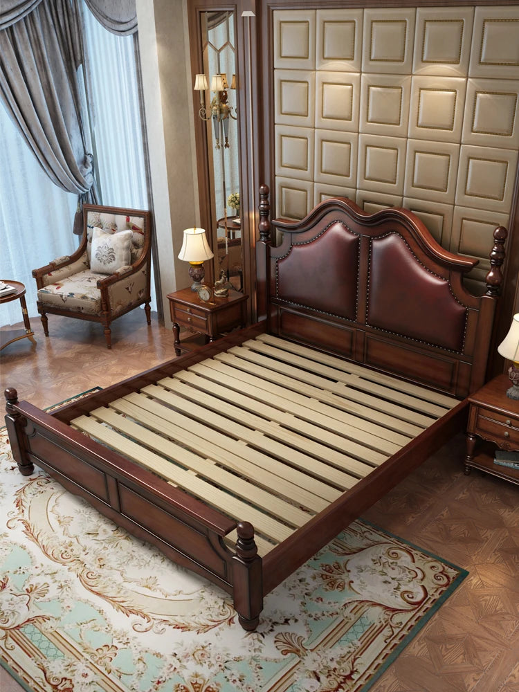 American style rural full solid wood double king bed 1.8m soft leather Roman column bed