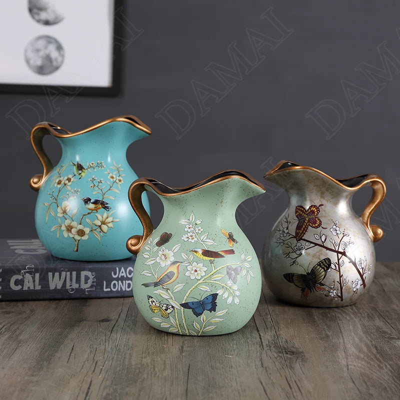 European Ceramic Vase Hand Painted Little Bird Peony Living Room Dried Flowers Organizer Home Desktop Small Teapot Flower Vases