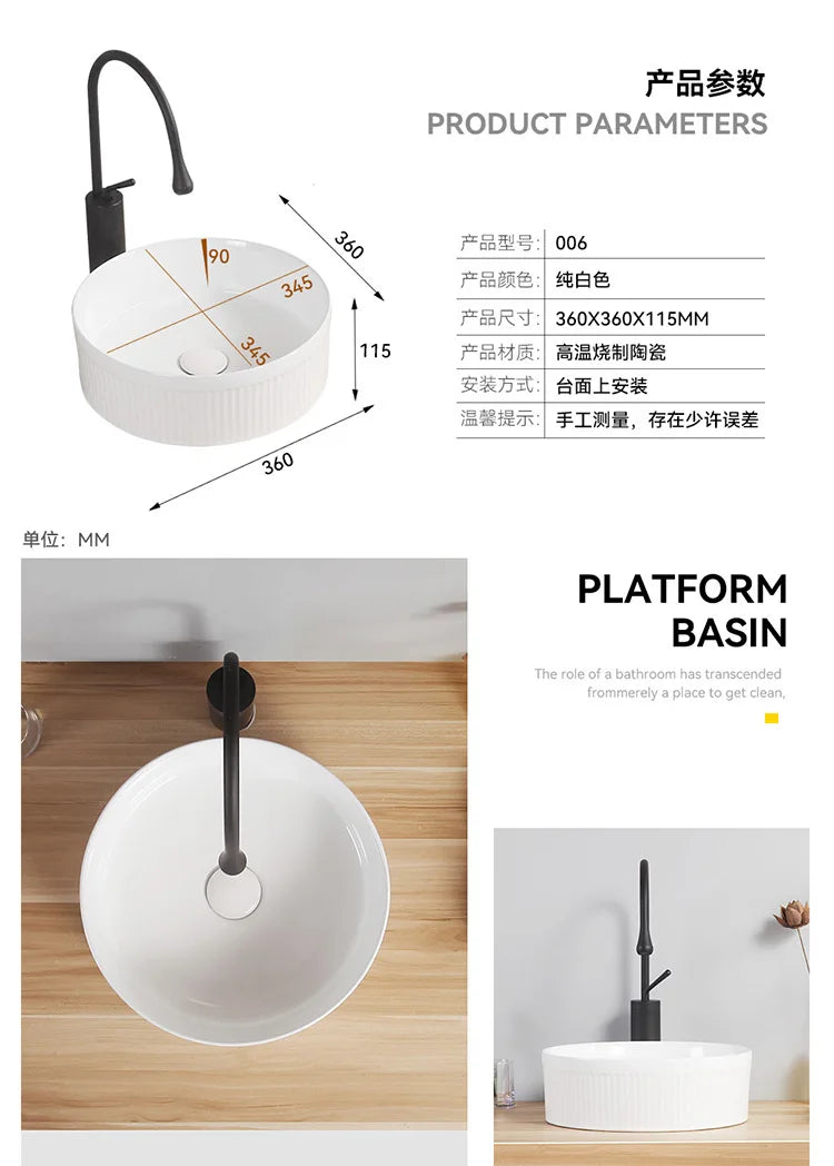 Bathroom Washbasin White Ceramic Basin Modern Minimalist Countertop Vessel Sink 36cm Mini Round Bowl Basin With Faucet Sets