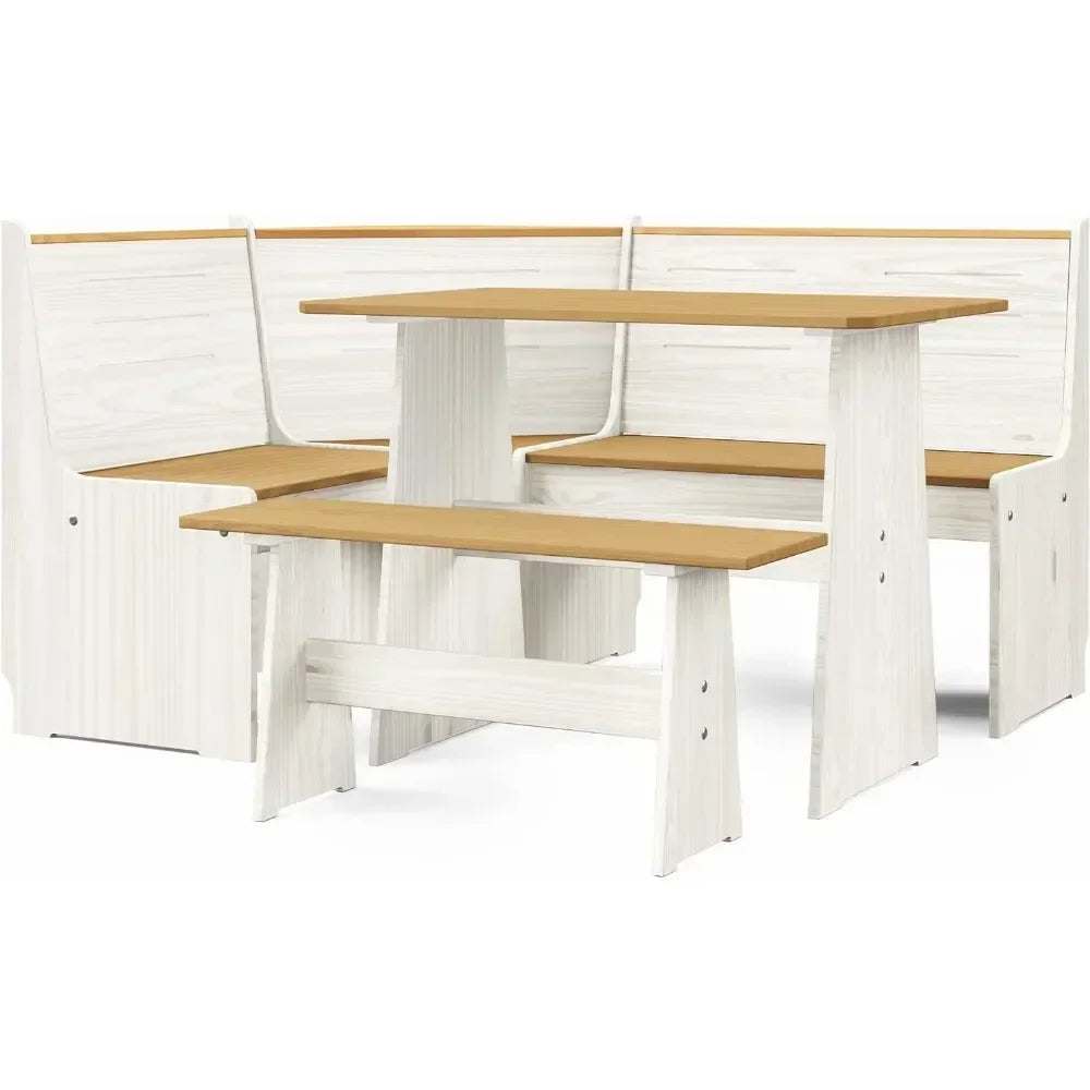 3/5PCS 2 Tone Natural/White Solid Wood Corner Dining Set, Reversible Breakfast Nook Urban Home Furniture