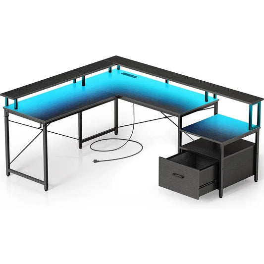 Computer Desk with File Drawer, 68" L Shaped Computer Corner Desk with Power Outlet & LED Strip, Home Office Desk with Monitor