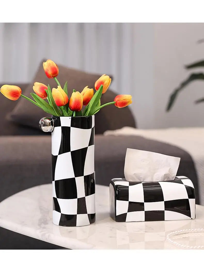 Light Luxury Black and White Geometry Checkered Ceramic Vase Tissue Box Paper Box Dining Table Decoration Nordic Decoration Home