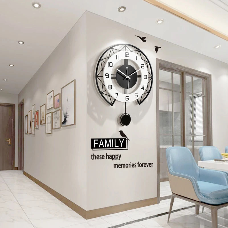 Modern Nordic 3D Wall Clocks With Pendulum Minimalist Black Metal Silent Wall Clock Living Room Restaurant Decoration Clock 50cm