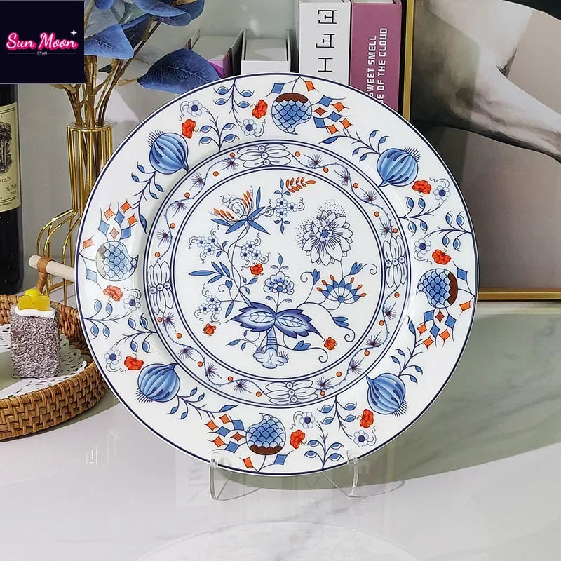 European Blue Flower Handmade Ceramic Two Piece Set Dining Plate Household Disk Gift Restaurant Dining Plate Luxury Set