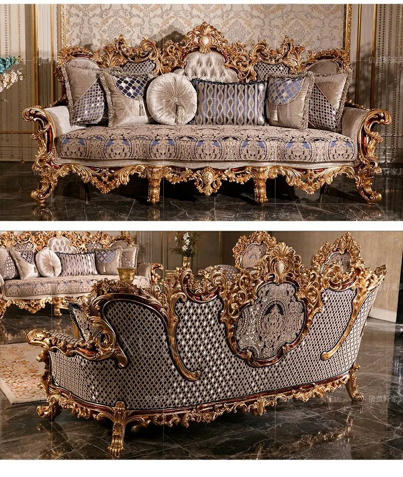 European luxury cloth sofa tea table combination of French villa solid wood carved sofa living room furniture