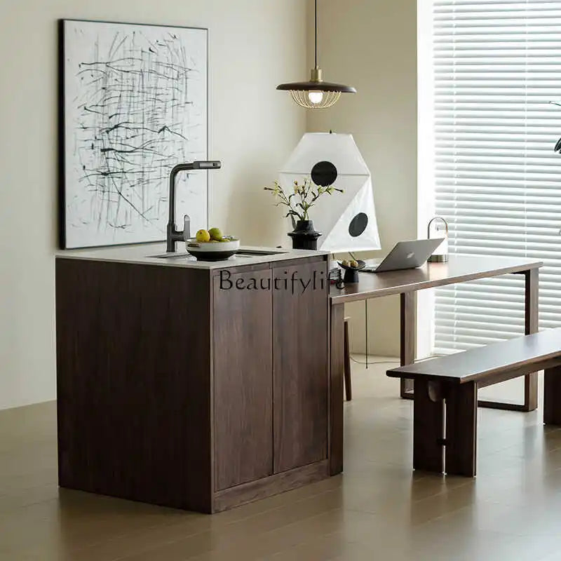 Nordic Black Walnut Kitchen Island Dining Table Integrated with Embedded Sink All Solid Wood Dining Room Furniture