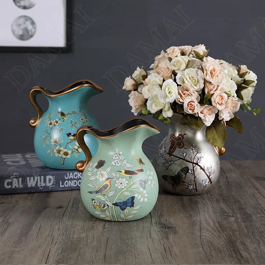 European Ceramic Vase Hand Painted Little Bird Peony Living Room Dried Flowers Organizer Home Desktop Small Teapot Flower Vases