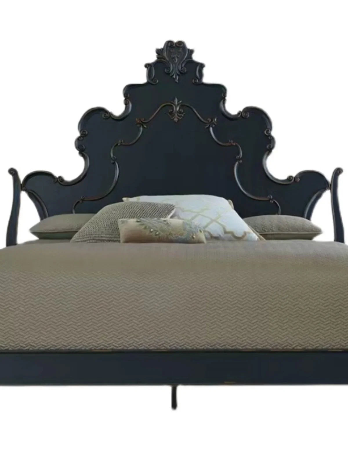 Retro old solid wood frame carved simple bedroom double bed, antique black