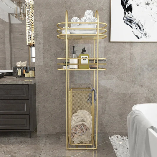 Elegant Bathroom Storage Racks: Nordic Light Luxury Design Gold Multi-Layer Shelf Floor Type Laundry Basket Organizer