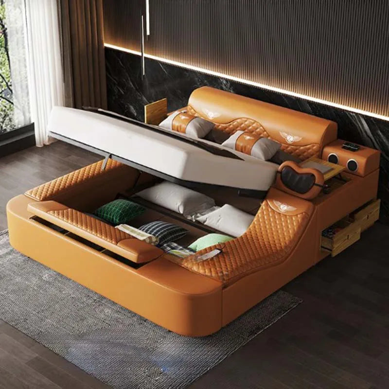 Massager Luxury Double Bed Storage Leather Usb Multifunctional Smart Bed Electric Modern Literas Multifuncional Furniture Home