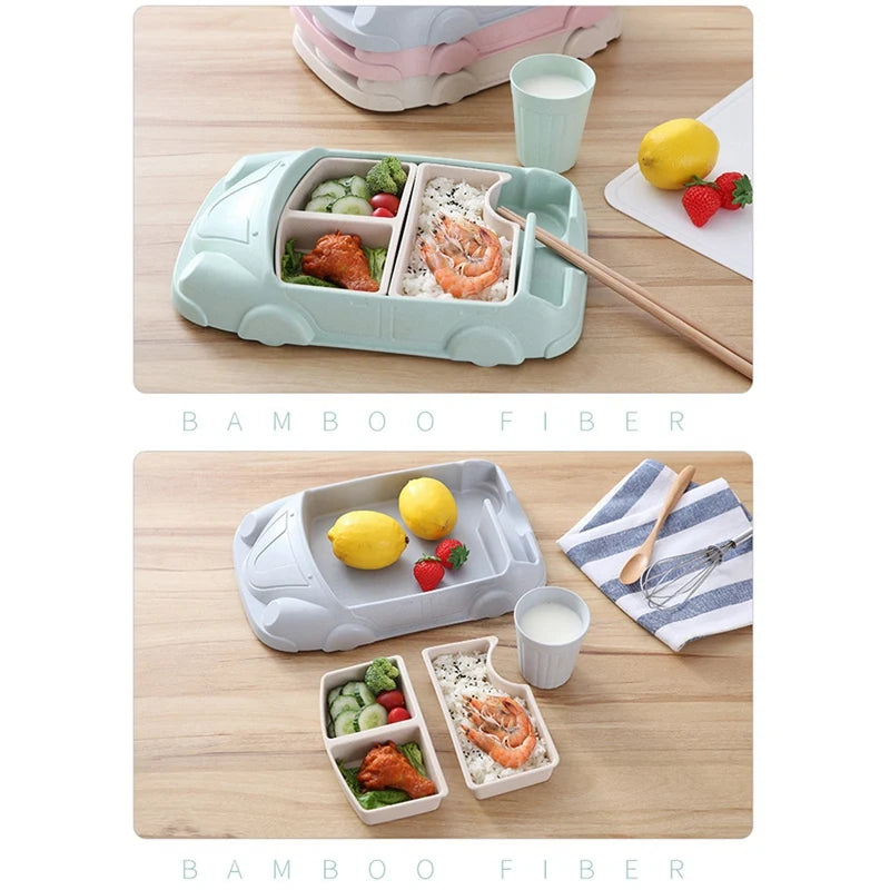 Cartoon Car Plate Baby Dishes Set Bamboo Fiber Plate+Cup Sub-Grid Bowl Children's Gift Tableware Set Feeding Dishes