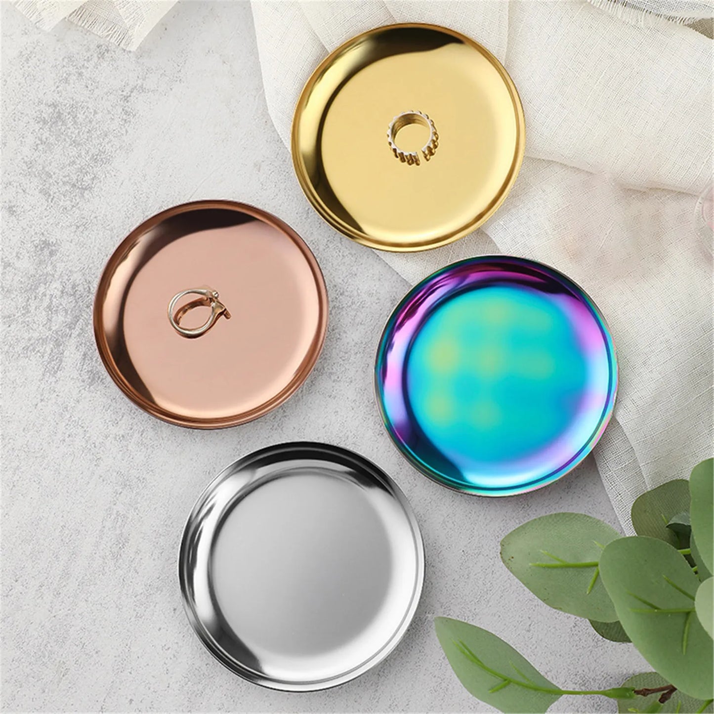 Light Luxury Storage Tray Stainless Steel Circular Small Jewelry Tray Dormitory Cosmetics Plate Decoration New Home Ornaments