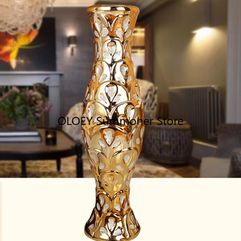 Grand Decorative 60 Cm Ceramic Floor Vase Luxury Gold Interior Creative Flower Vase Plant Pot Jarron Home Decor Aesthetic AA50VA