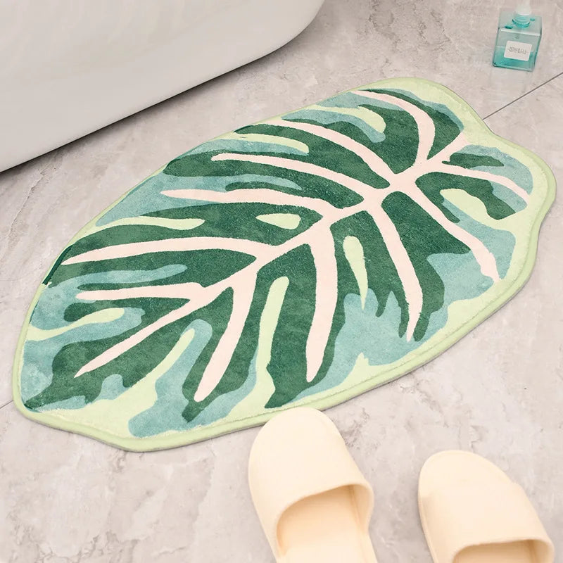 Inyahome Leaves Velveteen Green Bath Mat Non-Slip Soft Bathroom Rugs Luxury Microfiber Bath Rug Machine Washable Door Carpet