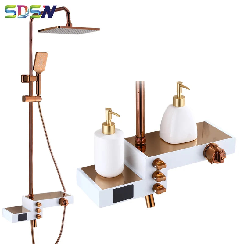 Thermostatic Bathroom Shower Set Luxury Rose Gold LED Screen Digital Bath Shower System Quality Brass Bathtub Mixer Faucet Set