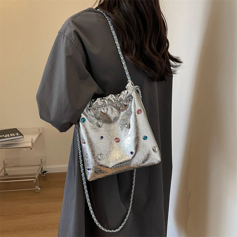 LEFTSIDE Diamonds Design Silver Leather Crossbody Bags for Women 2023 Luxury Designer Korean Fashion Chain Shoulder Bag Handbags