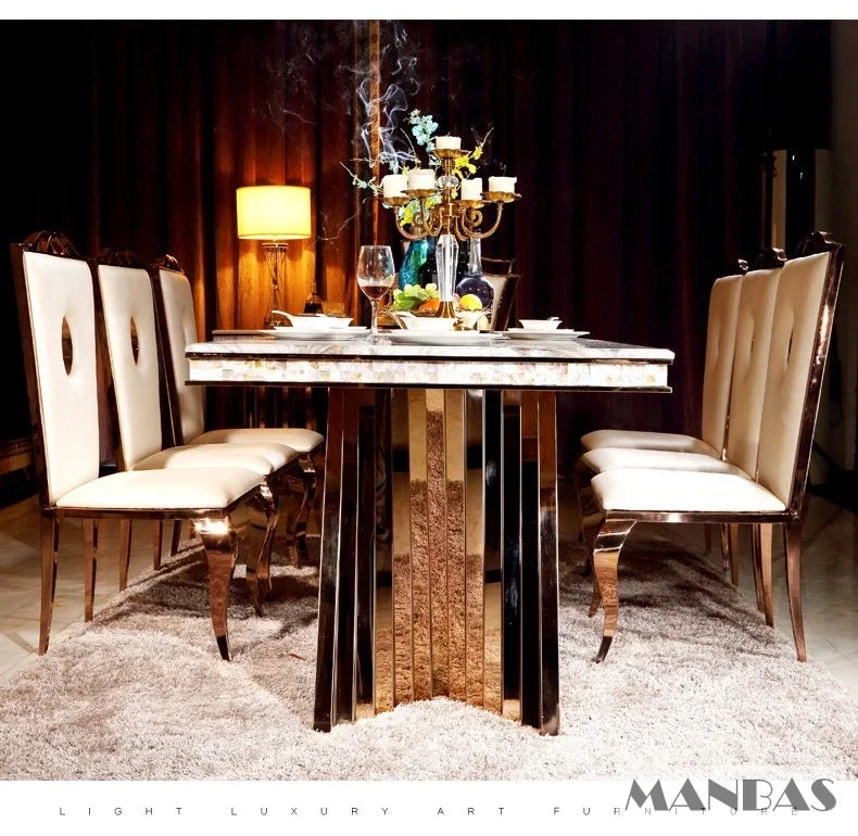 MANBAS Luxury Dining Set: 6 Stainless Steel Genuine Leather Chairs and Rectangle Marble Sea Shell Table kitchen room furniture