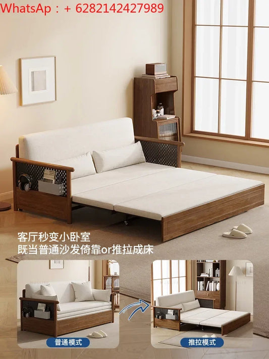 bed Solid wood sofa , living room, push-pull , simple household small family sofa, net red multifunctional folding Arhat