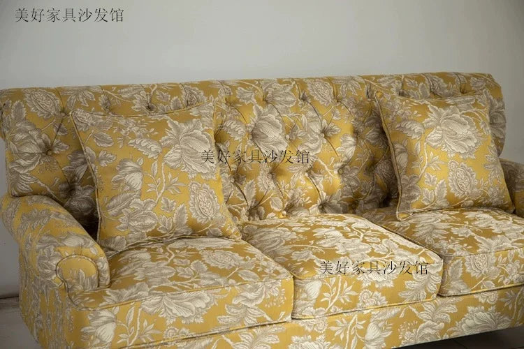 American Single Solid Wood Living Room Sofa Yellow Pastoral Color Pull Buckle Fabric Three-Seat Sofa